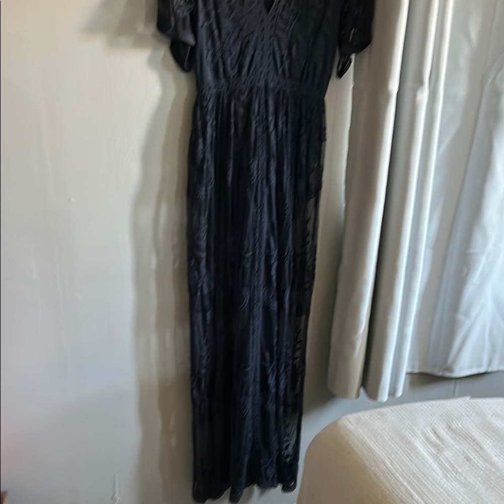 Honey Punch Navy Pleated Maxi Romper with Flutter Sleeves